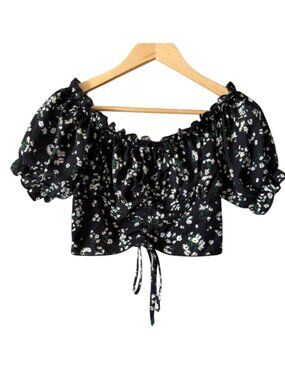 Coquette Cottagecore Milkmaid Top Black Daisy Puff Sleeve Crop Blouse